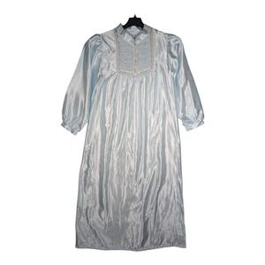 Komar Lg Med Icy Blue Long Sleeve Lace Trim Nightgown Gown Liquid Satin‎